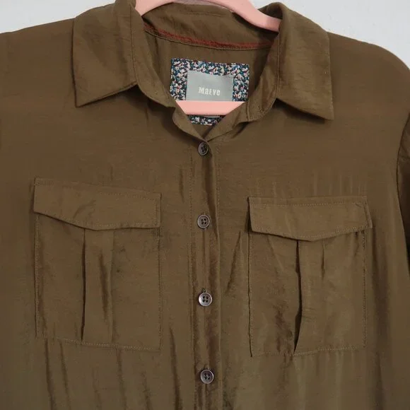 Anthropologie Maeve Olive Army Green Midi Drawstring Shirt Dress Size 4 Small - Picture 8 of 14